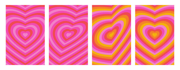 Set of hypnotic heart tunnels. Trendy groovy style bright vintage colors concentric hearts wallpaper. Mobile screen psychedelic 70s nostalgia banners. Cute retro abstract y2k backgrounds