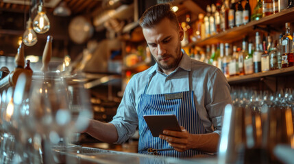 focused bearded man in a blue striped apron using a tablet in a bar setting