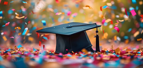 Graduation Cap with Confetti Background, Graduation Day Concept - obrazy, fototapety, plakaty