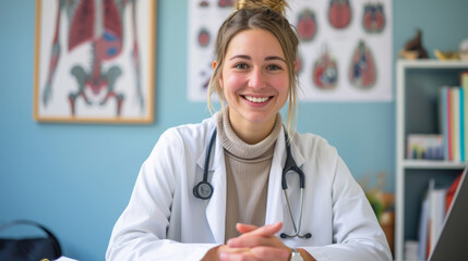 smiling female doctor with a stethoscope around her neck, sitting in a medical office with anatomical posters in the background