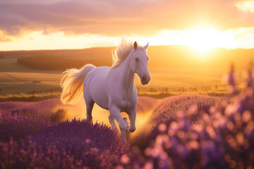 Obraz na płótnie Canvas Beautiful horse running in lavender field at sunset