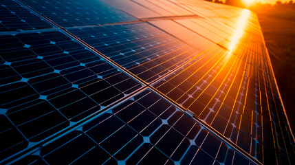 Solar panels reflect the sunset sun, clean energy, alternative energy.