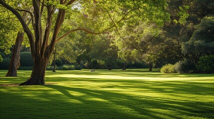 Lush green lawn with trees in the soft morning light at Horsham Botanic Gardens in VIC, Australia.