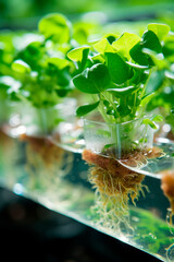 close-up focusing on the roots of plants growing in a clear hydroponic system