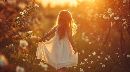 A lovely little girl in a stunning white gown strolling through a garden of apples during a spring sunset, exuding gentleness.