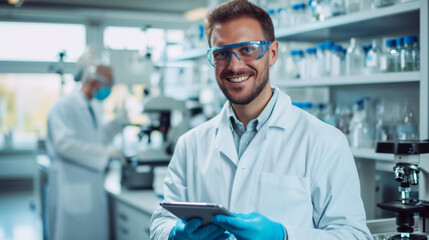 cheerful scientist wearing safety glasses and blue gloves, holding a digital tablet