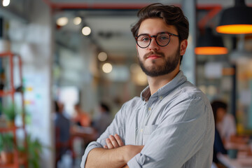 An image featuring the Employee of the Month Highlighting their achievements and contributions, Young executive manager in shirt crossing arms on chest and wearing glasses, focused arm crossed man