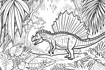 Fototapeta na wymiar Spinosaurus Dinosaur Black White Linear Doodles Line Art Coloring Page, Kids Coloring Book