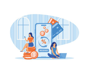 Online cash back concept. Happy people receiving cash back for a buyer. Coins or money transfer from smart phone to e-wallet.  flat vector modern illustration 