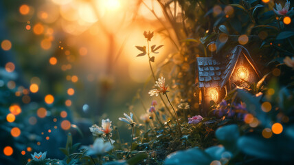 Enchanting Fairy Garden at Twilight , Mystical, Whimsical, and Magical Landscape - obrazy, fototapety, plakaty