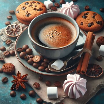 Cup of coffee, marshmallow, cookies on a blue background