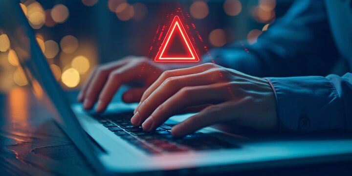 A businessman's fingers working on a laptop with a triangular malware alert symbol, representing a scam or cyber attack.