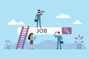 Businessman standing on job search bar using binoculars. Employees are looking for new jobs. An employee uses a magnifying glass to search for work on the search bar. Vacancy concept