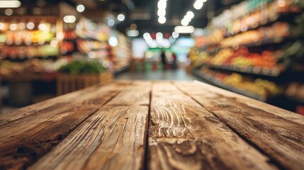 Wooden tabletop over blurred background of supermarket aisle, ideal for product display.