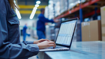 person from behind, working on a laptop with charts and data on the screen