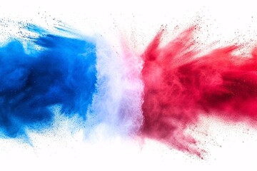 Vibrant tricolored French flag holi paint burst on white backdrop, representing France's culture, sports, and tourism. - obrazy, fototapety, plakaty
