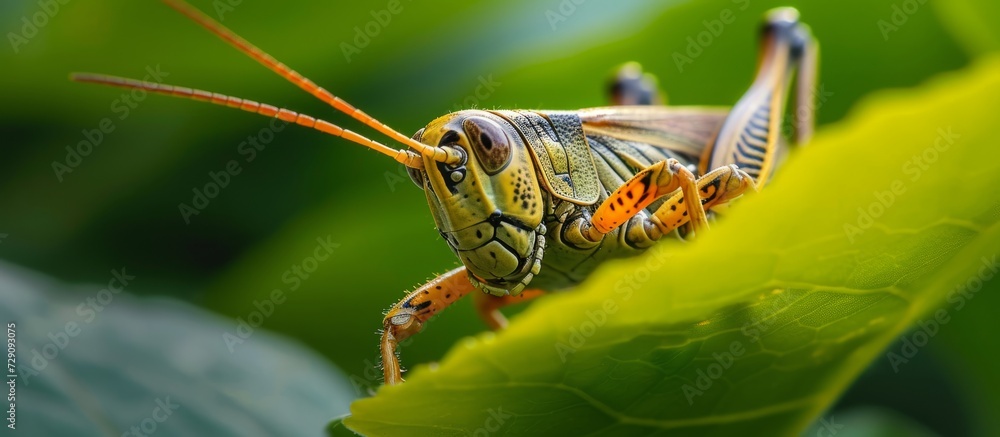 Poster macro photo of a grasshopper in the wild on a leaf.