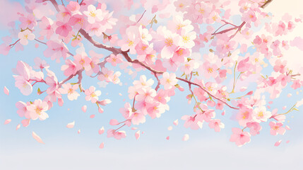 Sakura pink flowers blossoming on branches, watercolor beautiful cherry blossom against background of blue sky, dreamy romantic image spring, for nature landscape backgrounds. - obrazy, fototapety, plakaty