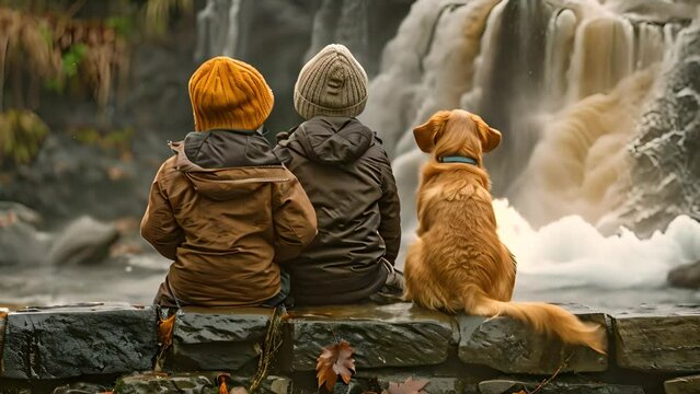 Happy children with dog family sitting by a river with waterfall, enjoying the hike to waterfall summertime on a cold day. Kids wearing coat and hat. watching beautiful landscape. Nature beauty 4k mp4