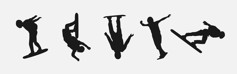 Vector set silhouettes of skysurfing. Extreme sport, sky dive. Isolated on white background.