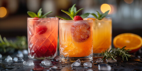 Various cocktails with fruits and spices, ice cube, alcohol drink with juice, wisky and vodka