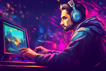 E-sport gaming player teams with illustration art and speed light stlye.competition and strategy for success.stream technology. generative AI.