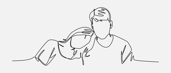 girl leaning on guy's shoulder. love couple. continuous one line drawing. editable stroke. isolated on white background. vector illustration.