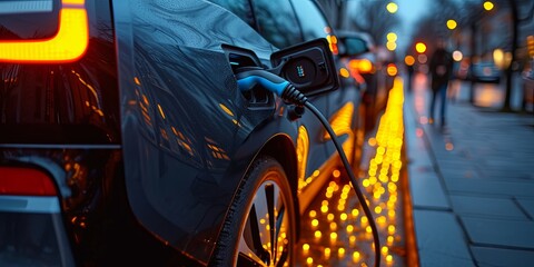 Close-up of an electric car's power connector plugged in, LED lights indicating charging status, focus on the technology.