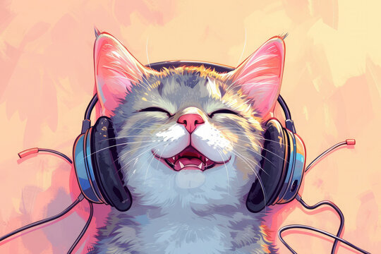 Cute cartoon kitten with headphones sings a song with his mouth open. Kawaii. Funny meme