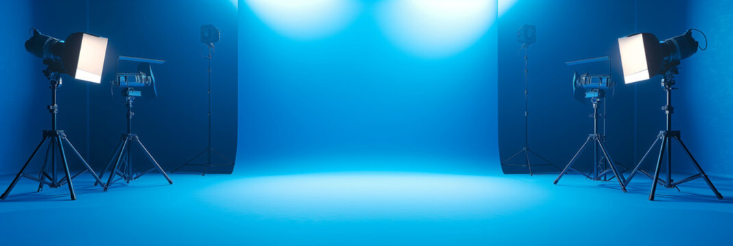 A professional photography studio setup with high-end lighting equipment and a clean blue cyclorama background for creative projects
