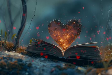 AI-generated illustration of an open book with a glowing heart