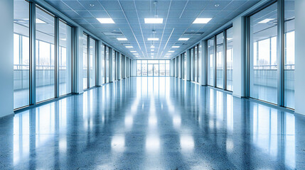 Modern and empty office corridor, featuring clean lines and a minimalist design, illuminated by...