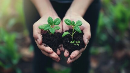 people holding seedlings To bring nature back In an innovative page design format. Rear focus button dark green and white
