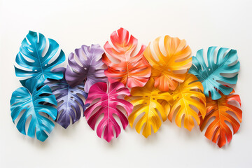 A vibrant array of colorful paper monstera leaves arranged in a gradient from blue to yellow, symbolizing tropical summer vibes or creative decoration concepts