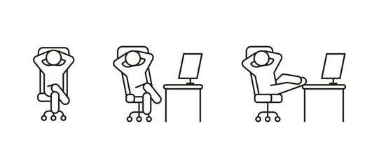 Person relax on work chair on computer, line icon set. Man rest on workplace, calm on chair. Lazy tired person, break time. Vector