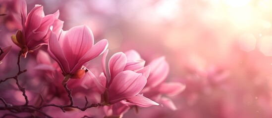 Gorgeous cerise pink flowers, resembling pink spring magnolias, set in a beautiful soft background. - obrazy, fototapety, plakaty