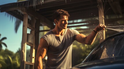 man washing car background with wash water - obrazy, fototapety, plakaty