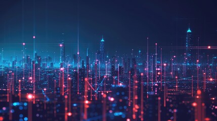 Abstract futuristic night city with dots and line connection. Concept for IOT, smart city, speed connection and intelligent network.