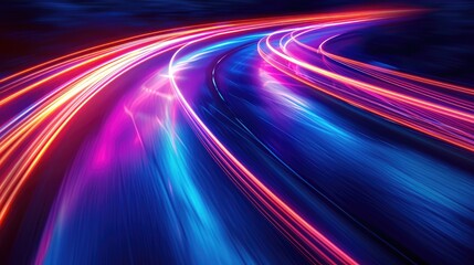 Abstract motion curvy urban road with neon light motion effect applied . Automobile background use concept .