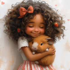 Cute girl with curly hair with a shiny bow, in a menthol T-shirt with strawberries, skirt with pockets, striped tights and shoes with clasps, hugging a big Cute Guinea Pigs