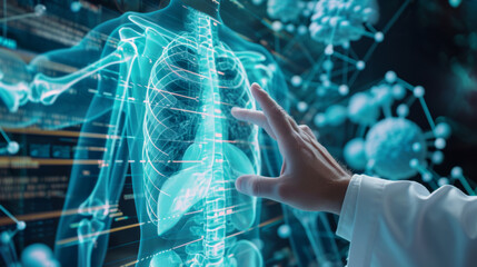 person is interacting with a futuristic medical interface displaying holographic images of human anatomy and various medical data