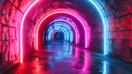 Futuristic and bright neon tunnel, showcasing an abstract and modern design with glowing lights and a sense of depth in a dark, urban setting
