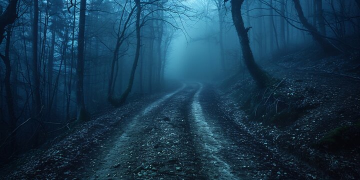 Enigmatic shadowy woods with a misty path, perfect for a Halloween setting.