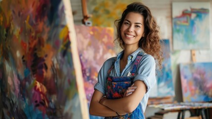 Naklejka premium Creative latin female artist standing working on a new painting. Happy young lady painting on canvas in her art studio. Cheerful young female artist working in her home workshop. copy space.