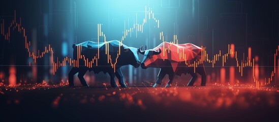 Finance and business abstract backdrop representing the market trend with candlestick chart visualizing the concept of bull and bear trading.