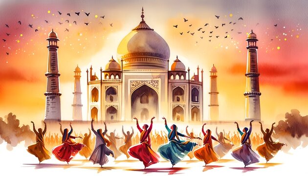 Watercolor illustration of the taj mahal during the taj mahotsav celebration.
