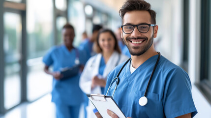 smiling male healthcare professional in blue scrubs with glasses and a stethoscope