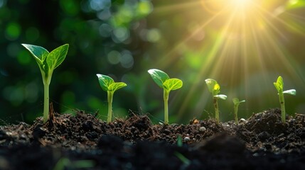 Young seedlings emerging from the soil In the form of green leaves There's bright morning light. Abstract style, high quality