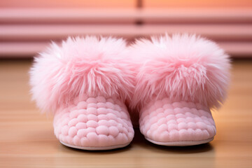 Pink fluffy women's house slippers. Generated by artificial intelligence