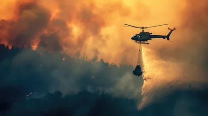 Poster Im Rahmen Fire fighting helicopter carry water bucket to extinguish the forest fire © buraratn